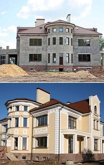 На фото: дом до монтажа декоративной лепнины из полиуретана и после.
