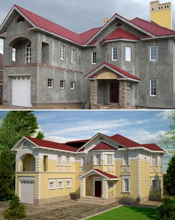 На фото: пример 3D визуализации полиуретановой лепнины на построенном доме.